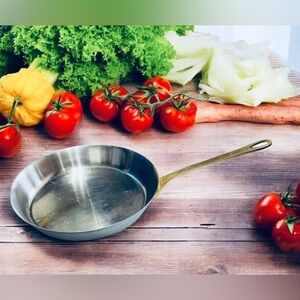 VTG Frying Pan 11” Stainless Steel Brass Handle Heavy - Great!